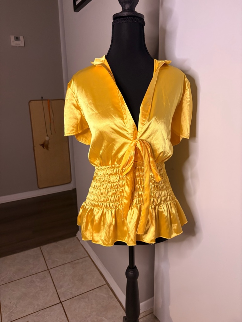 Yellow Satin Tie-Front Smocked Peplum Top